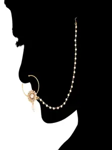 I Jewels White Gold-Plated Pearl Studded Beaded Chained Nose Ring