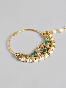 I Jewels Green & Off-White Antique Gold-Plated Pearl Studded Beaded Chained Nose Ring
