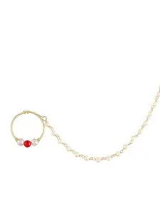 I Jewels Green & White Antique Gold-Plated Pearl Studded Beaded Chained Nose Ring
