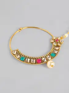 I Jewels Gold-Plated & Turquoise Blue Studded & Beaded Chained Nose Ring