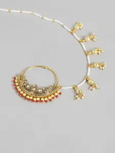 I Jewels Gold-Plated & Red Pearl Studded & Beaded Chained Nose Ring
