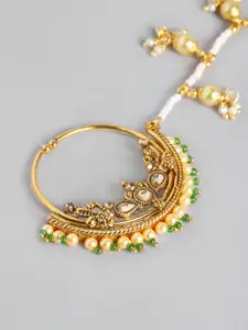 I Jewels Antique Gold-Plated & Green Studded & Beaded Chained Nose Ring