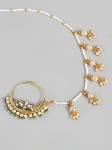 I Jewels Gold-Plated & Green Pearl Studded & Beaded Chained Nose Ring