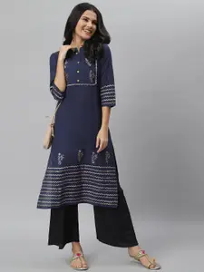 Stylum Women Navy Blue Pure Cotton Ethnic Motifs Block Printed Straight Kurta