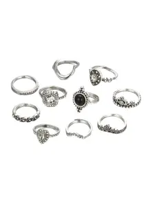 Shining Diva Fashion Set Of 10 Silver-Plated White Crystals-Studded Boho Midi Finger Rings