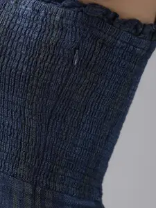 Roadster Women Navy Blue Pure Cotton Checked Smocked Sheath Dress