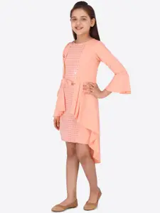 CUTECUMBER Girls Peach-Coloured Embellished Georgette A-Line Dress