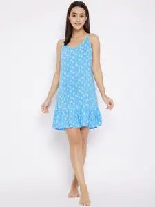 Hypernation Women Blue & White Floral Printed Rayon Flared Mini Night Dress