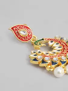 I Jewels Navy Blue & Red Gold-Plated Pearl Beaded Peacock Shaped Enamelled Drop Earrings