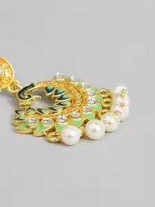 I Jewels Sea Green Gold-Plated Peacock Shaped Pearl Enamelled Drop Earrings