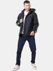 t-base Men Navy Blue Windcheater and Water Resistant Biker Jacket