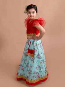 pspeaches Girls Red & Gold Solid Ruffles Sequinned Ready To Wear Lehenga & Blouse