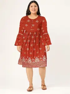 Sangria Rust & Golden Ethnic Motifs Printed A-Line Dress