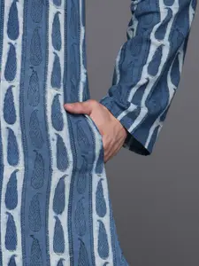 Fabindia Men Navy Blue & Grey Pure Cotton Paisley Print Indigo Kurta
