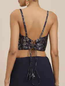 Sangria Navy Blue & Grey Half-and-Half Solid Saree