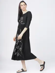 Vishudh Black Floral Midi Dress