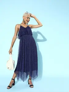 SASSAFRAS Women Navy Blue Geometric Net Dress