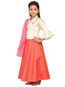 Aarika Girls Coral Pink & Cream-Colour Ready to Wear Printed Lehenga & Blouse With Dupatta