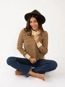 Zink London Women Off White & Brown Striped Sweater Vest