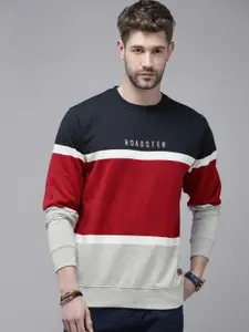 Roadster Men Navy Blue & Red Colourblocked Pullover Sweatshirt