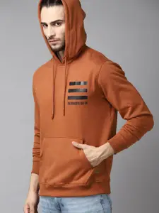 Roadster Men Rust Orange & Black Solid Hooded Sweatshirt with Striped Detail