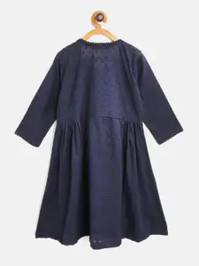 Sangria Girls Navy Blue & White Self & Yoke Design Pure Cotton Mirror Work A-Line Dress