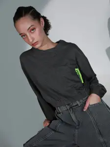 Hubberholme Women Charcoal Grey Solid Box Pocket Sweatshirt