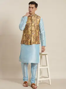 SOJANYA Men Blue & Golden Solid Kurta with Churidar & Printed Nehru Jacket