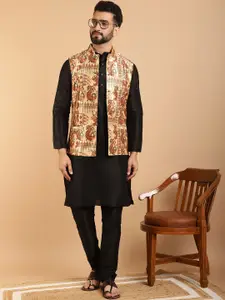 SOJANYA Men Black & Cream-Coloured Solid Kurta with Churidar & Printed Nehru Jacket