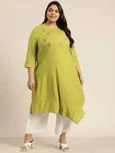Sztori Women Green Ethnic Motifs Thread Work Pleated Asymmetric EcoVero Kurta