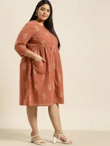 Sztori Plus Size Rust Brown & White Ethnic Motif Printed Slub Pure Cotton A-Line Dress