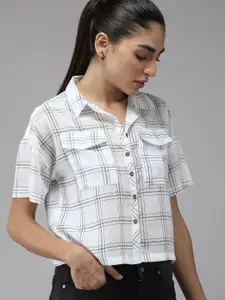 The Roadster Lifestyle Co Women White & Navy Blue Semi Sheer Checked Casual Shirt