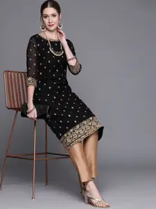 Biba Women Black & Golden Ethnic Motifs Print Thread Work Kurta