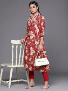 Biba Women Pink & Beige Floral Printed Kurta