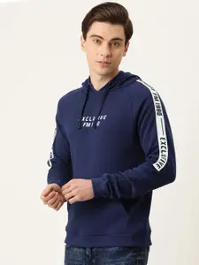 Flying Machine Men Navy Blue Typography Printed Pure Cotton Hooded Sweatshirt