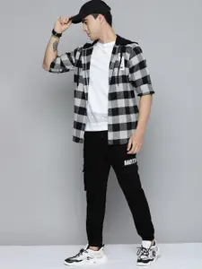 Kook N Keech Men Black & White Checked Oversized Pure Cotton Hooded Casual Shirt