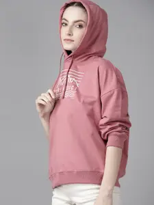 Roadster Women Dusty Pink & White Printed Hooded Sweatshirt