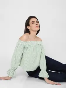 Vero Moda Green Striped Off-Shoulder Bell Sleeve Bardot Top