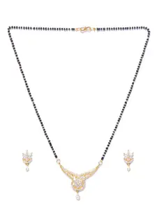 Priyaasi Gold-Plated Black & White AD-Studded & Beaded Mangalsutra With Earrings