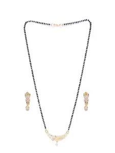 Priyaasi Gold-Plated White & Black AD-Studded Beaded Mangalsutra With Earrings