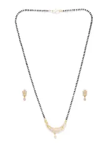 Priyaasi  Woman Gold-Plated American Diamond Studded & Beaded Mangalsutra With Earrings