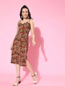 Berrylush Women Charming Maroon Floral Sweetheart Neck A-Line Dress