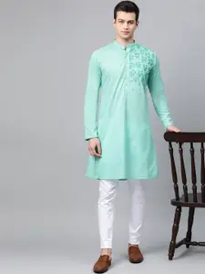 See Designs Men Sea Green Floral Yoke Design Thread Work Pure Cotton Kurta with Pyjamas