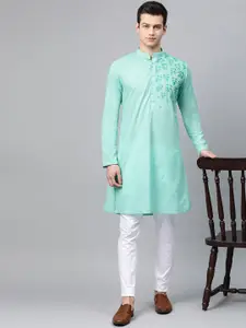 See Designs Men Sea Green Embroidered Straight Kurta
