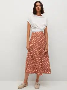 MANGO Women Rust Brown & White Polka Dots Print Flared Skirt