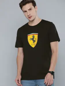 PUMA Motorsport Men Black  Yellow Ferrari Race Colourblock Shield Logo Printed Pure Cotton Motorsports T-shirt
