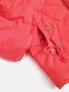 Monte Carlo Girls Coral Red Solid Quilted Jacket with Detachable Hood
