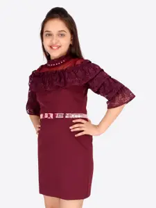 CUTECUMBER Girls Maroon Georgette Belted Sheath Dress