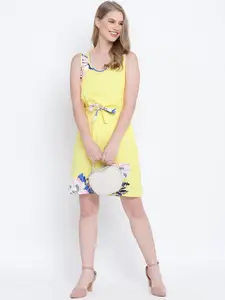 Oxolloxo Yellow & Blue Floral Printed Satin A-Line Dress