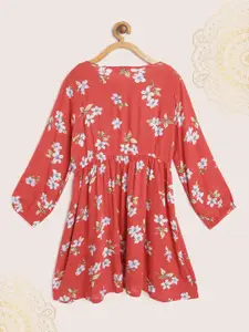Biba Girls Red & White Floral Print Fit & Flare Dress